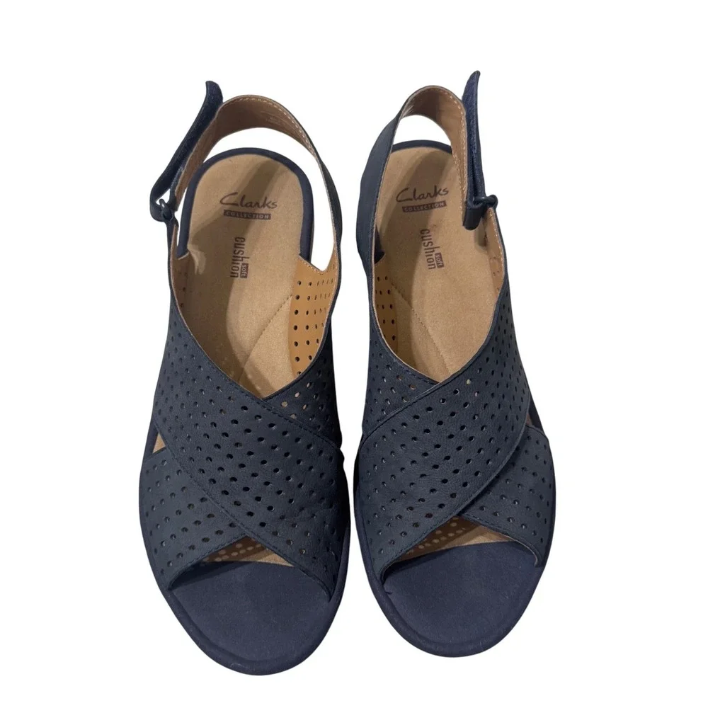 Clarks Reedly Variel Navy Suede Wedge Sandals Womens 9 Ortholite Platform
